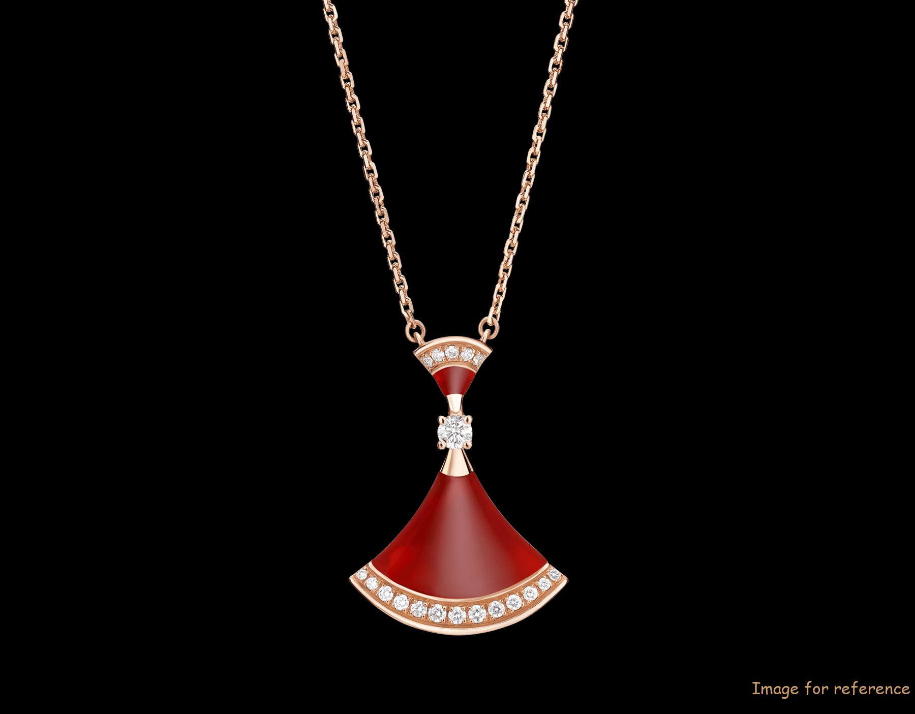 18 قلادة ذهبية روز KT مع عناصر Carnelian, جولة مستديرة من الماس اللامع و Pavé Diamonds OEM Design Jewelry 18 kt rose gold necklace set with carnelian elements, a round brilliant-cut diamond and pavé diamonds OEM design jewelry