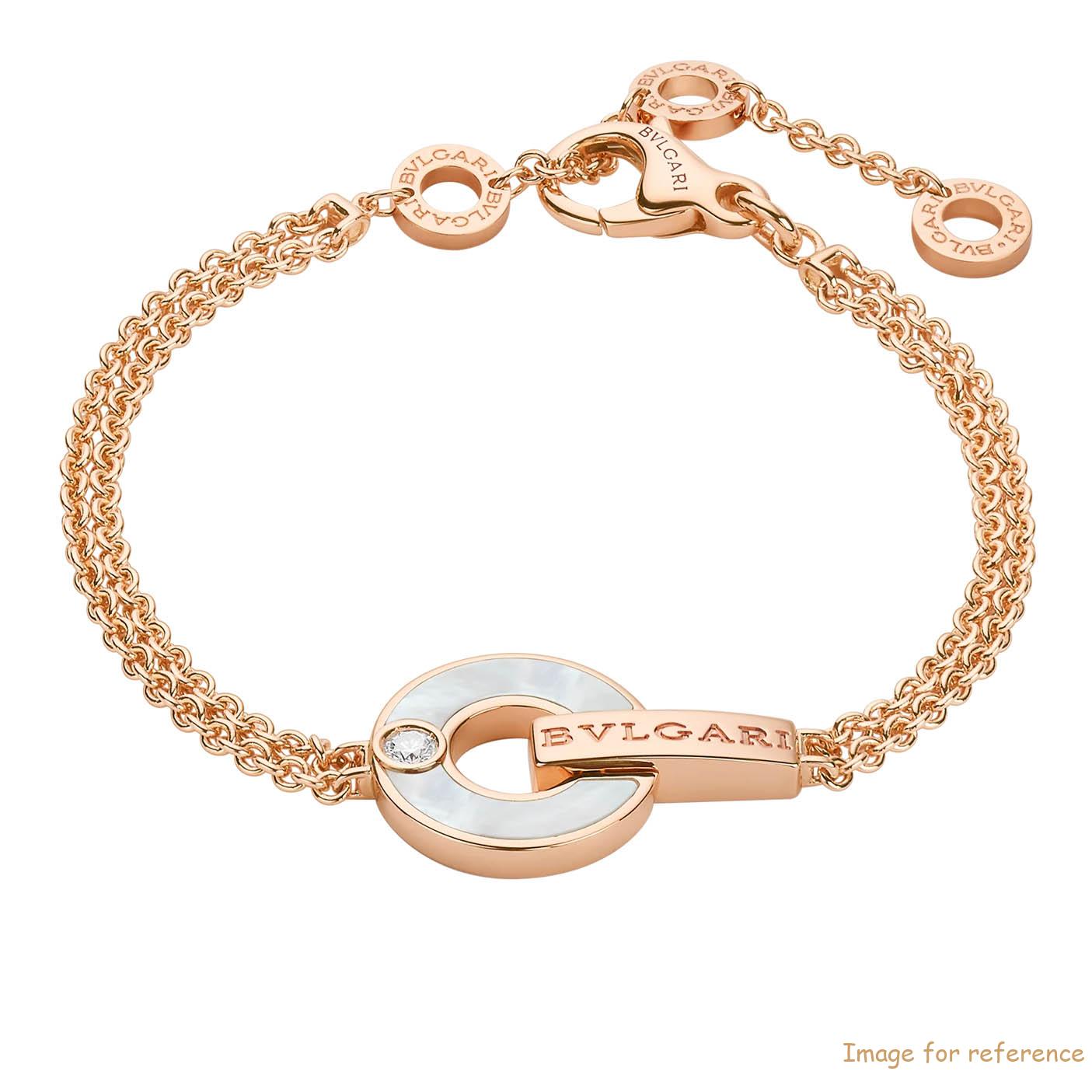 Custom design Openwork 18 kt rose gold bracelet set with mother-of-pearl elements and a round brilliant-cut diamond OEM jewelry service