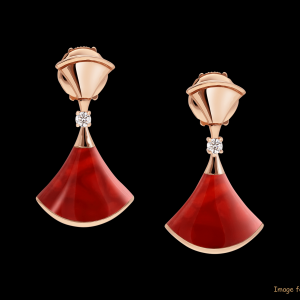 Custom design jewelry 18 kt rose gold earrings, set with carnelian elements and round brilliant-cut diamonds.