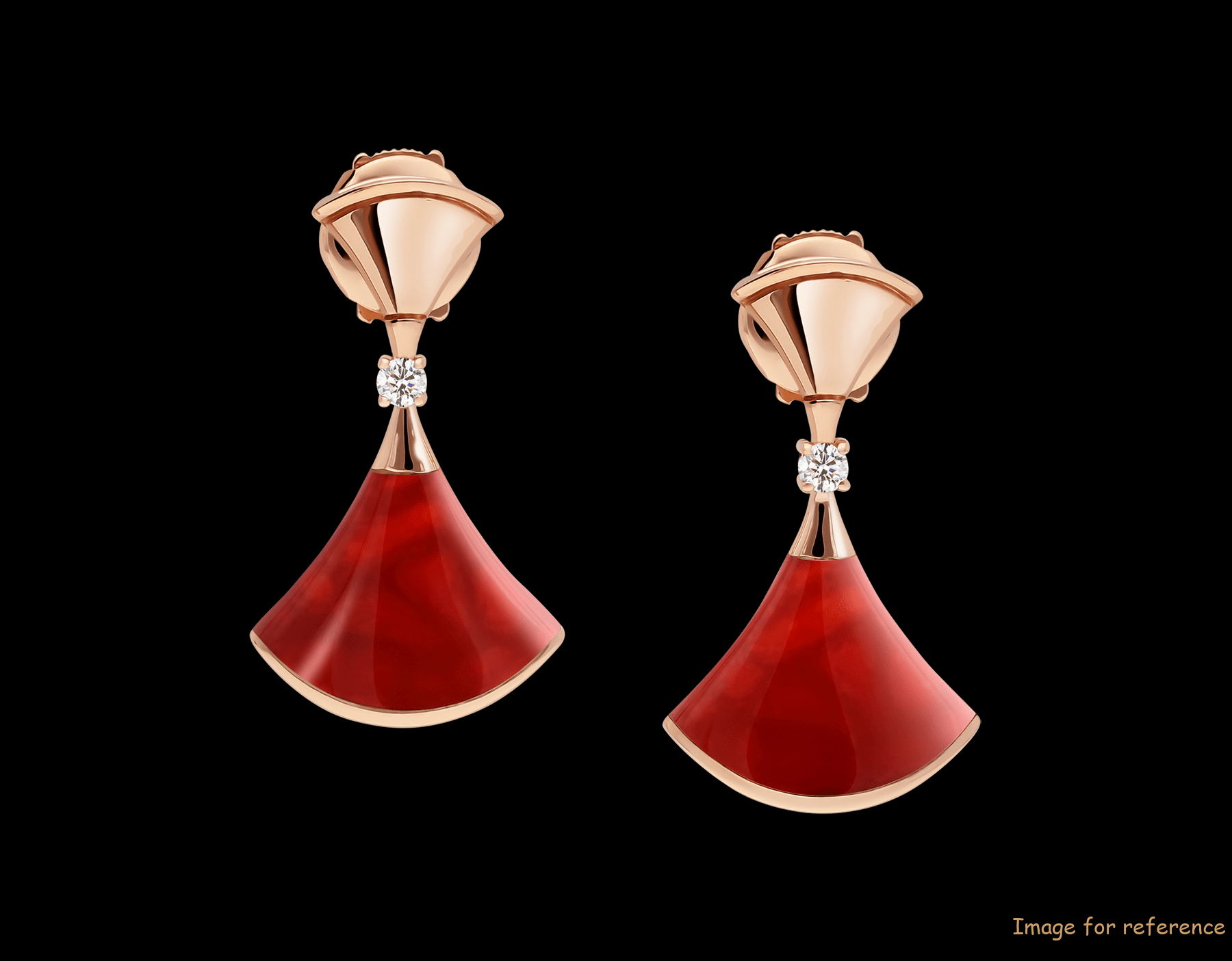 Custom design jewelry 18 kt rose gold earrings, set with carnelian elements and round brilliant-cut diamonds. Custom design jewelry 18 kt rose gold earrings, set with carnelian elements and round brilliant-cut diamonds.
