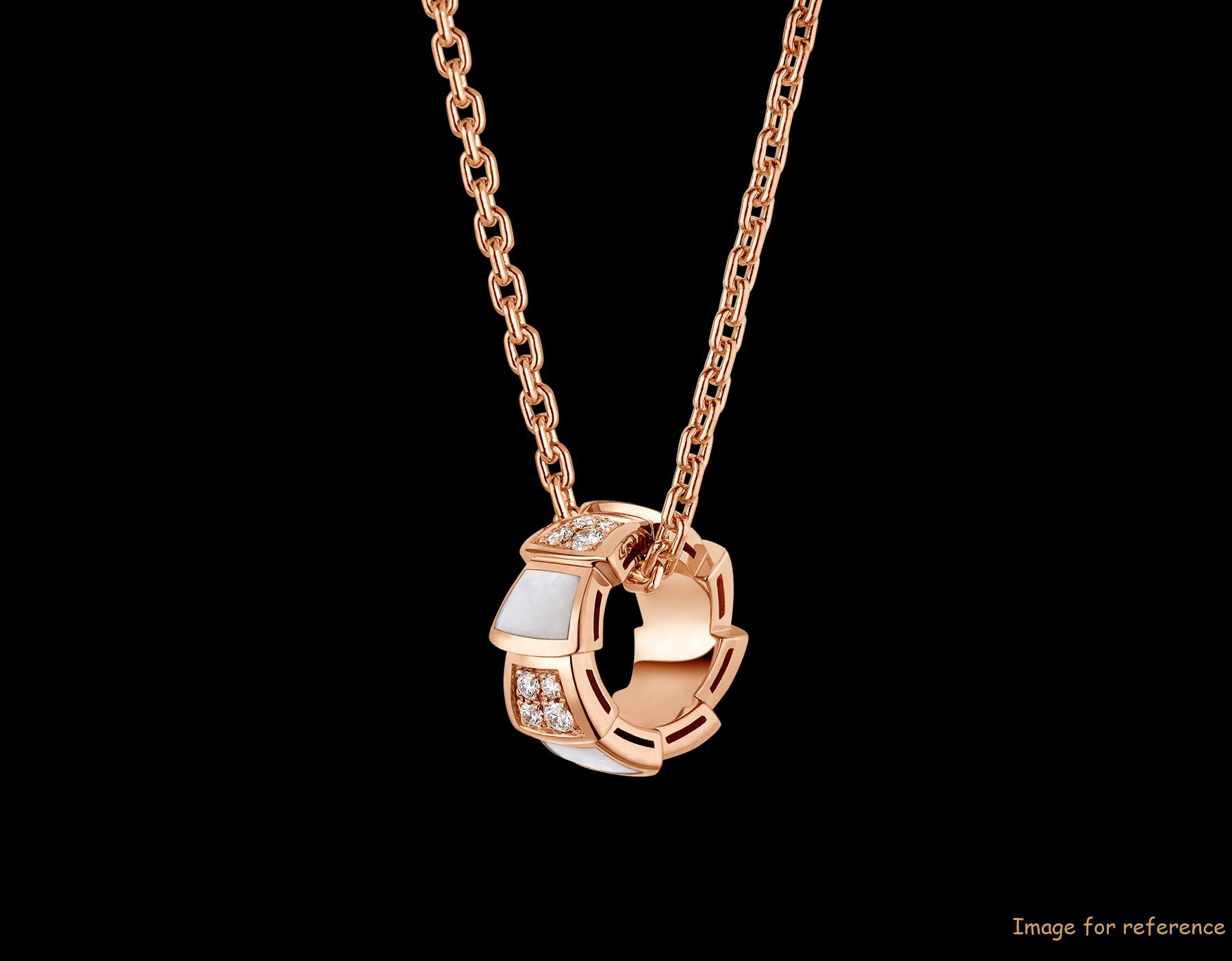 Custom design jewelry 18 kt rose gold necklace set with mother of pearl elements and pavé diamonds on the pendant. Custom design jewelry 18 kt rose gold necklace set with mother of pearl elements and pavé diamonds on the pendant.