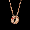 Custom design jewelry necklace with 18 kt rose gold chain and 18 kt rose gold pendant set with carnelian elements and demi-pavé diamonds.