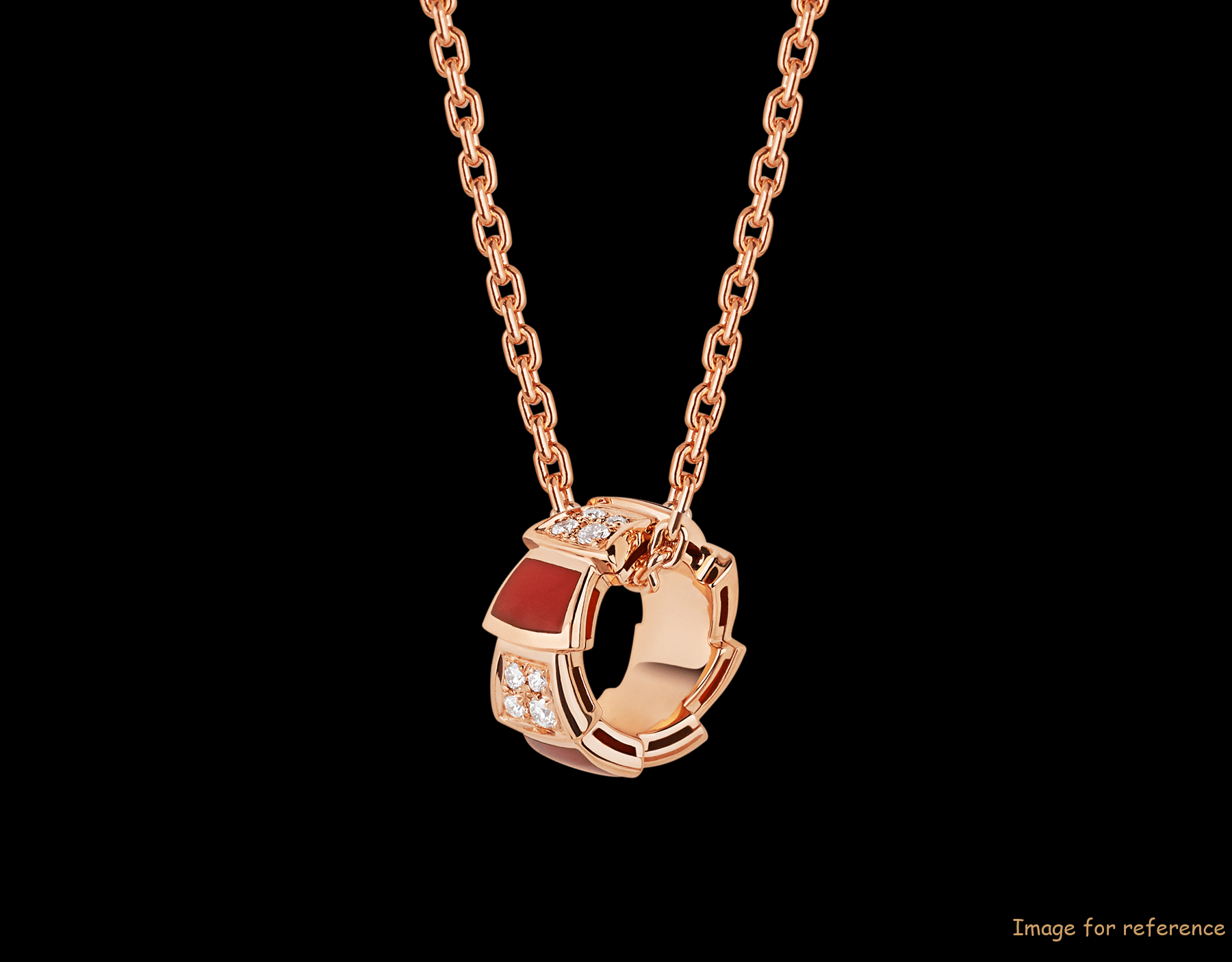 Custom design jewelry necklace with 18 kt rose gold chain and 18 kt rose gold pendant set with carnelian elements and demi-pavé diamonds. Custom design jewelry necklace with 18 kt rose gold chain and 18 kt rose gold pendant set with carnelian elements and demi-pavé diamonds.