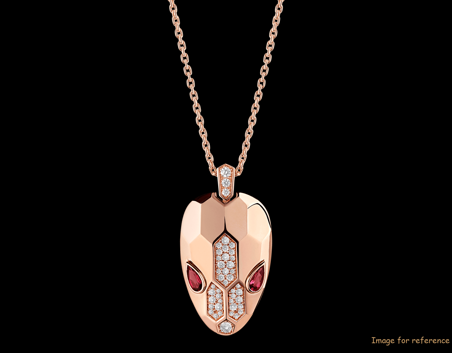 Custom design jewelry necklace with 18 kt rose gold chain and pendant, set with rubellite eyes and demi pavé diamonds OEM supplier Custom design jewelry necklace with 18 kt rose gold chain and pendant, set with rubellite eyes and demi pavé diamonds OEM supplier