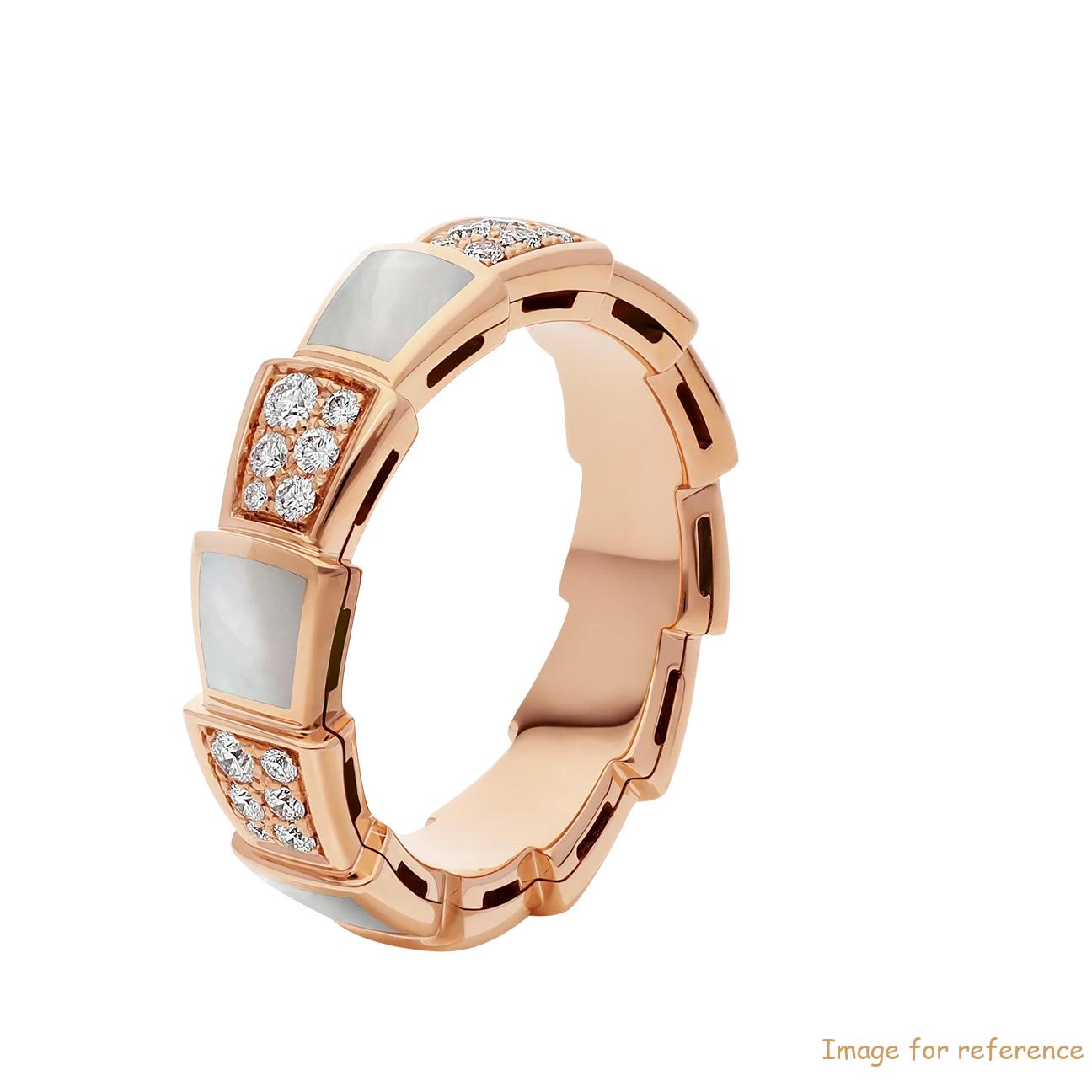OEM band ring in 18 kt rose gold, set with mother of pearl elements and pavé diamonds Personalised design