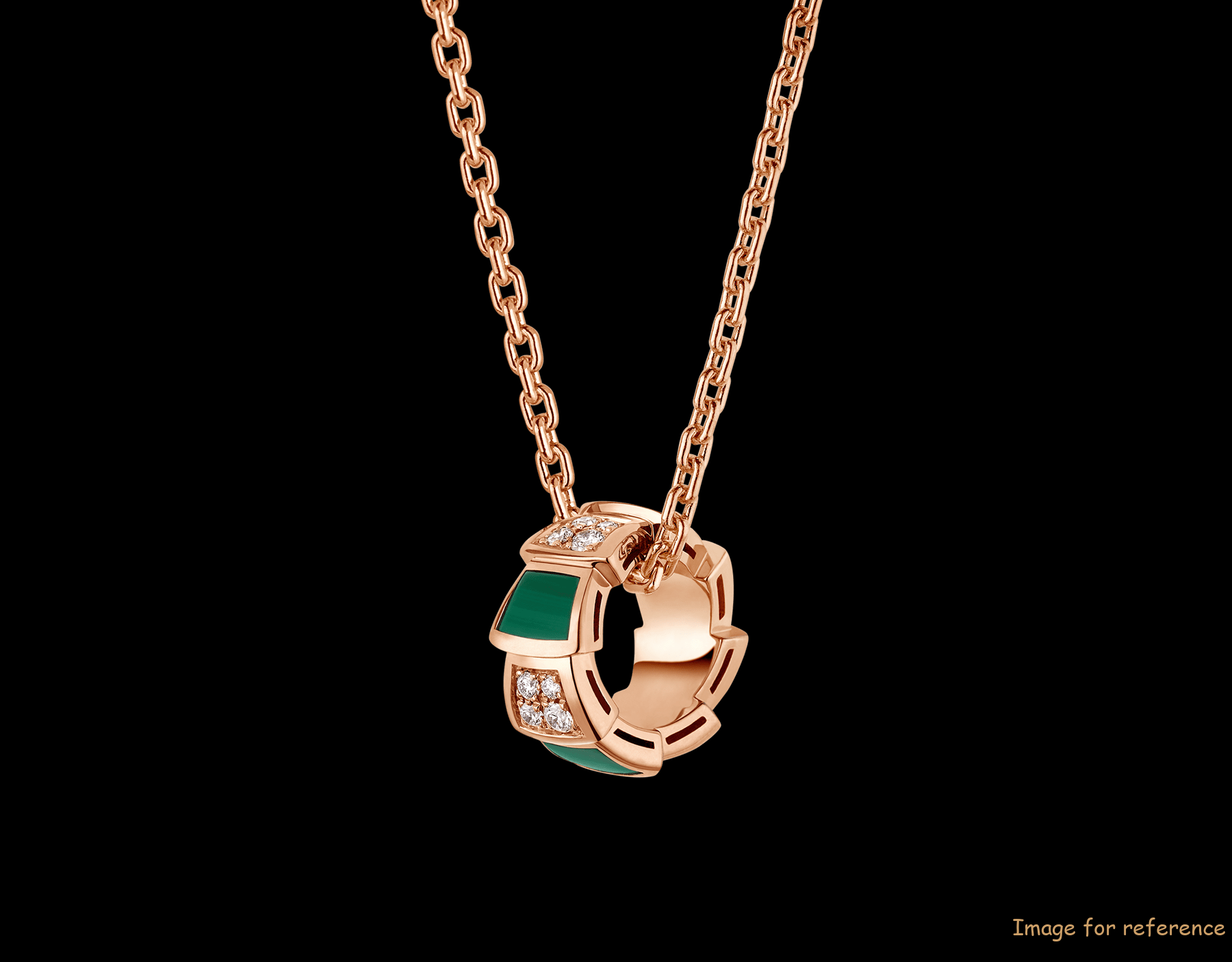 OEM design jewelry 18 kt rose gold necklace set with malachite elements and pavé diamonds on the pendant. OEM design jewelry 18 kt rose gold necklace set with malachite elements and pavé diamonds on the pendant.