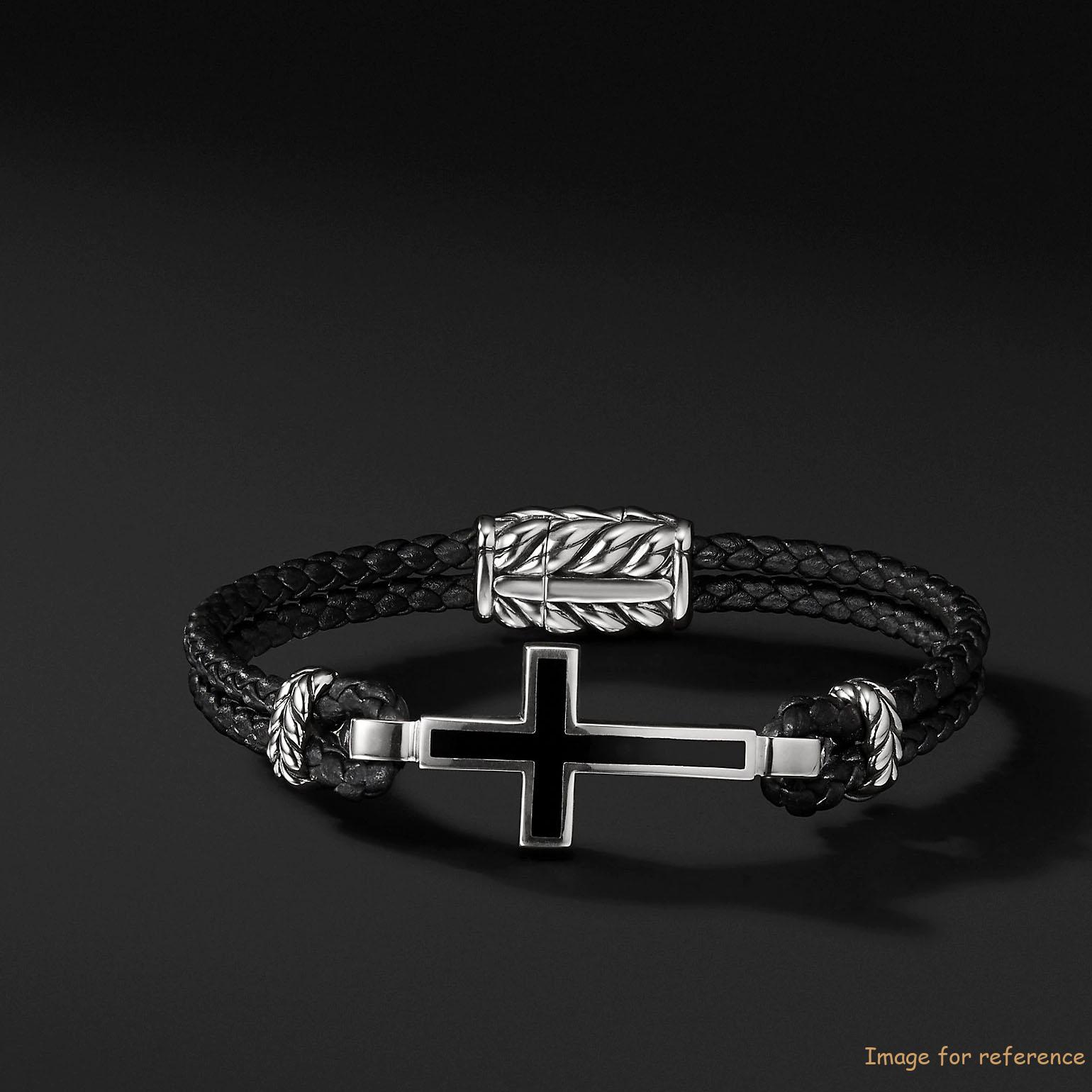 OEM man Sterling silver Bracelet with Black Onyx Inlay,Black leather custom design your jewelry supplier