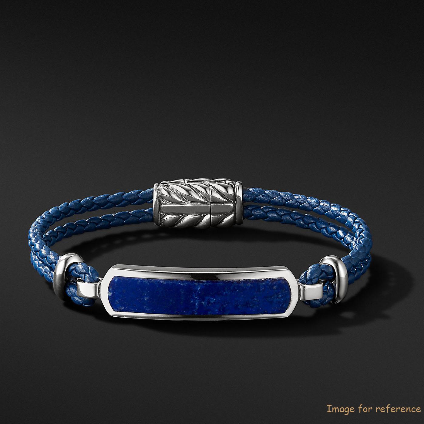 OEM men sterling silver bracelet with Blue leather design your jewelry supplier