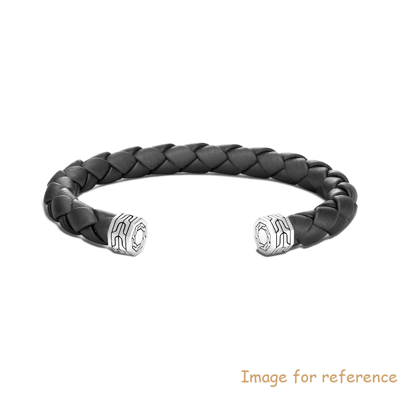 Custom made Men's Chain Flex Cuff Bracelet Sterling Silver Black Leather
