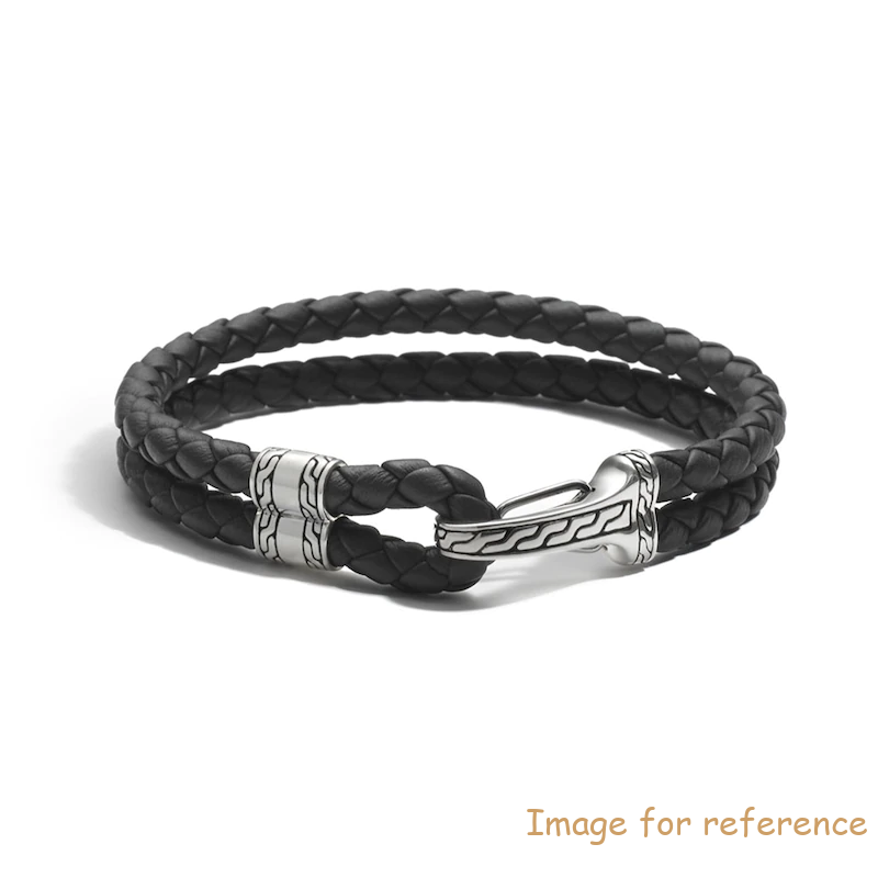 Custom Men's Classic Chain Hook Clasp Bracelet Black Leather 925 Sterling Silver wholesale rhodium plated jewelry