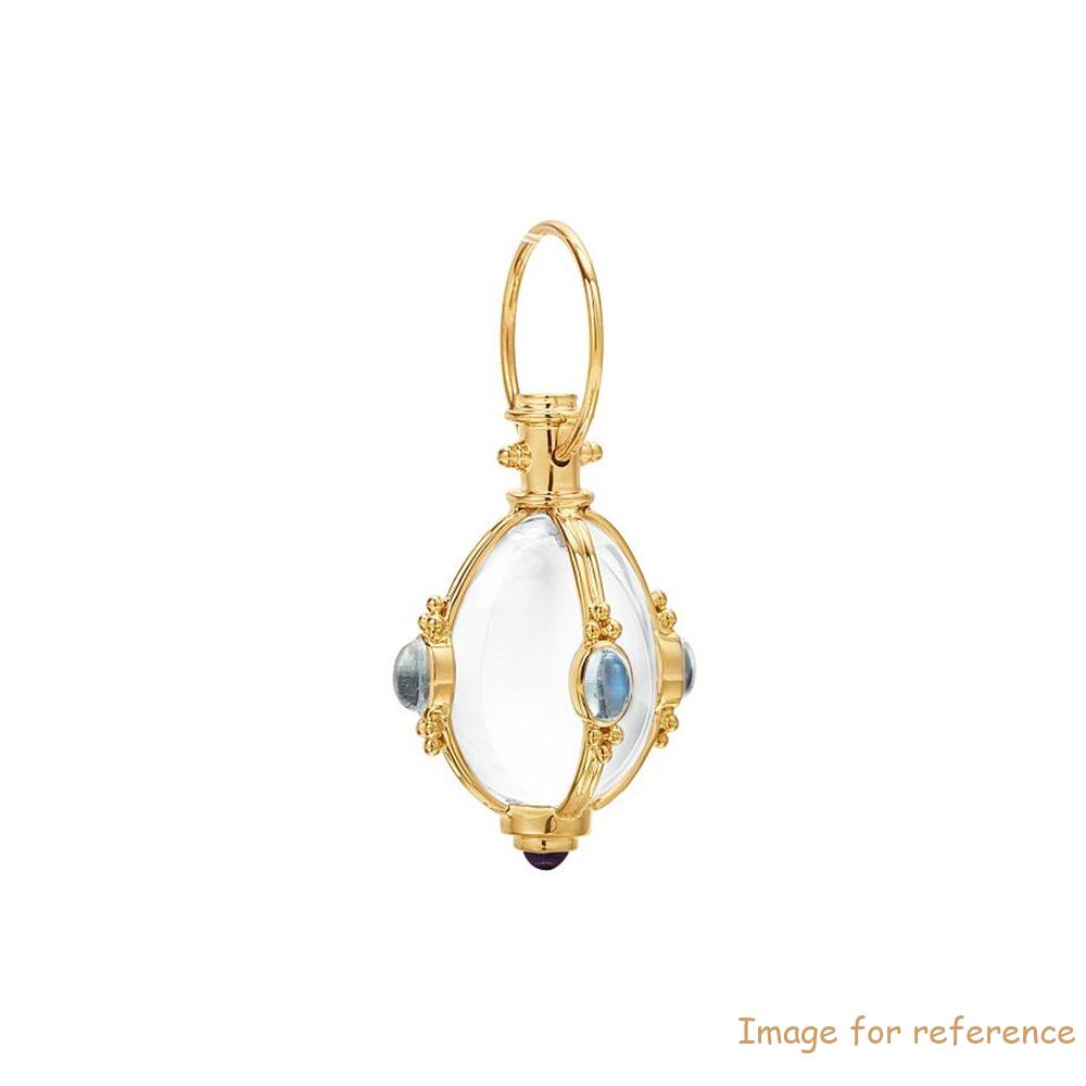 Custom jewelry 18K Yellow Gold Classic Cabochon Amulet with Oval Rock Crystal, Royal Blue Moonstone and Tanzanite and 18K Oval Chain Necklace