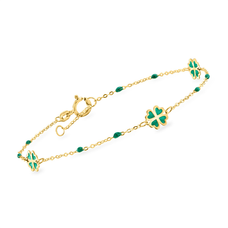 Italian Green Enamel Clover Station Bracelet in 14kt Yellow Gold