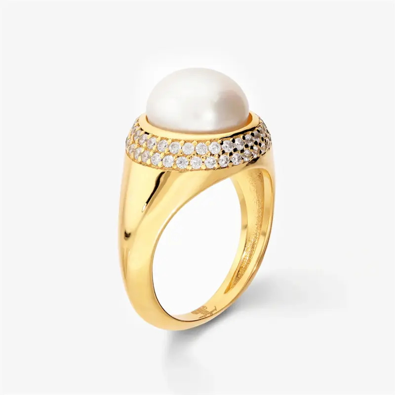Servizio personalizzato OEM ODM di 925 Anello Perla in Argento placcato in Oro Giallo 18Kt con Zirconi Cubici